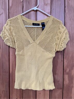 Axcess Liz Claiborne Yellow Cotton Mesh Pointelle Ribbed Knit Top Medium Boho